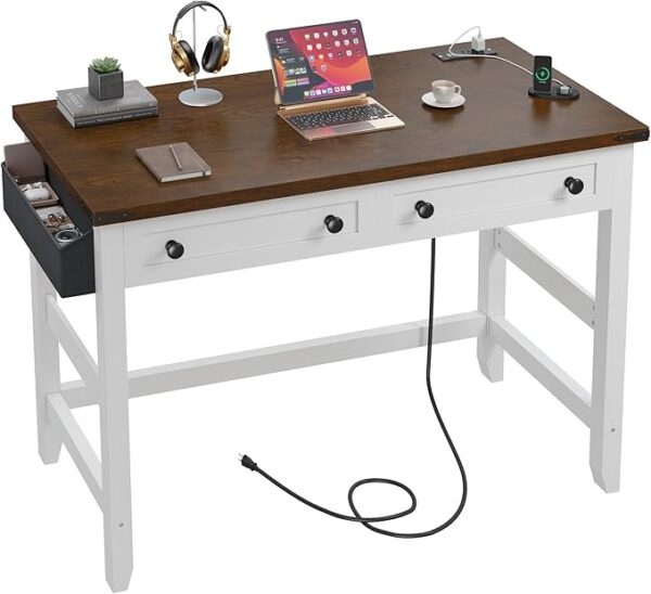 Desk with Drawers & Power Outlets, Computer Desk for Home Office,Bedroom,Small Desk with a Side Pocket, 31.5" Writing Desk, Study Desk, Brown+White