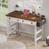 Desk with Drawers & Power Outlets, Computer Desk for Home Office,Bedroom,Small Desk with a Side Pocket, 31.5" Writing Desk, Study Desk, Brown+White - Image 2