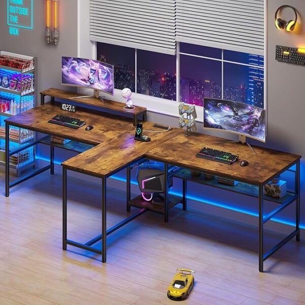 94.5 Inch 2 Person Computer Desk with Bookshelf, Double Long Home Office Desk with Power Outlet, Two Person Gaming Desk with Monitor Stand, CPU Stand, Rustic Brown
