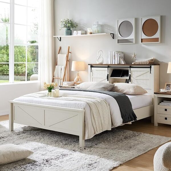 Farmhouse Full Size Bed Frame with Bookcase Headboard, Sliding Barn Door, Storage Cabinet, Charging Station, Wood Slats Support, No Box Spring Needed, Antique White
