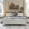 Farmhouse Full Size Bed Frame with Bookcase Headboard, Sliding Barn Door, Storage Cabinet, Charging Station, Wood Slats Support, No Box Spring Needed, Antique White - Image 3