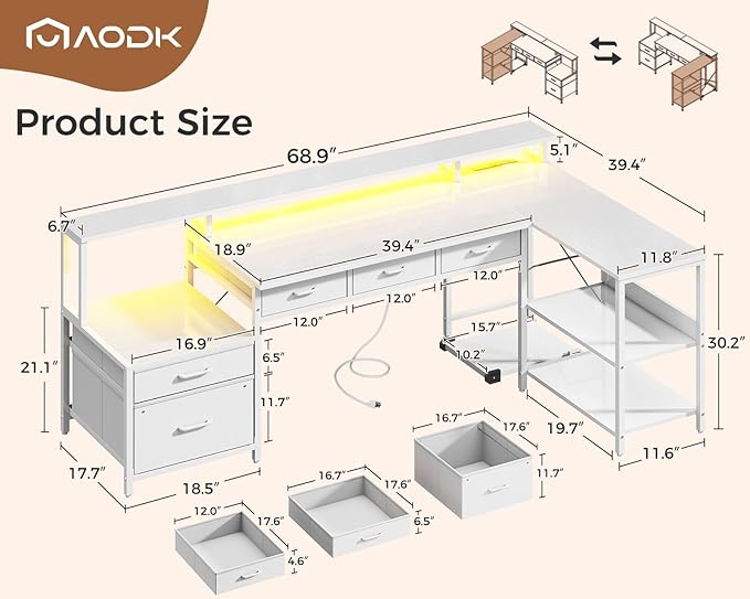 L Shaped Desk with 5 File Drawers, 66" Reversible L Shaped Computer Desk with Power Outlet & LED Strip, Office Desk with Storage Shelves, Gaming Desk with Monitor Shelf, Corner Desk, White - Image 3