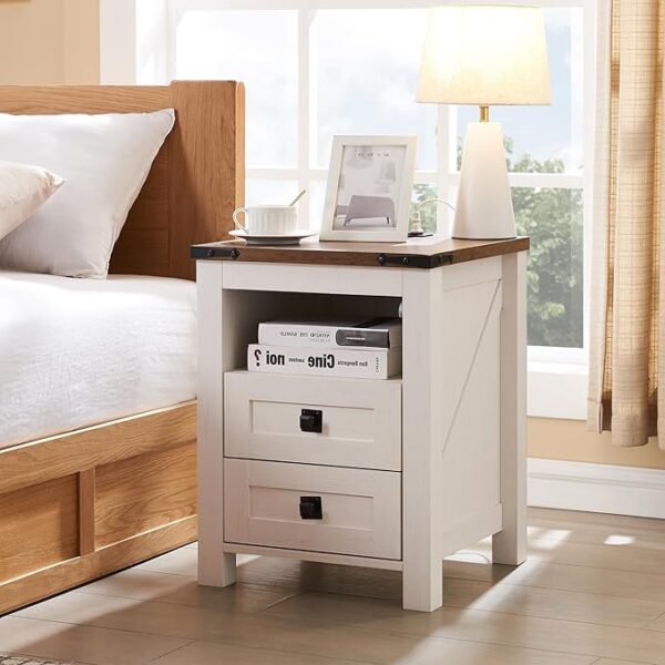 Farmhouse Nightstand with Charging Station, Rustic 18 Inch End Table with 2 Storage Drawers and Open Shelf, Wood Sofa Side Table for Bedroom, Living Room (Antique White)
