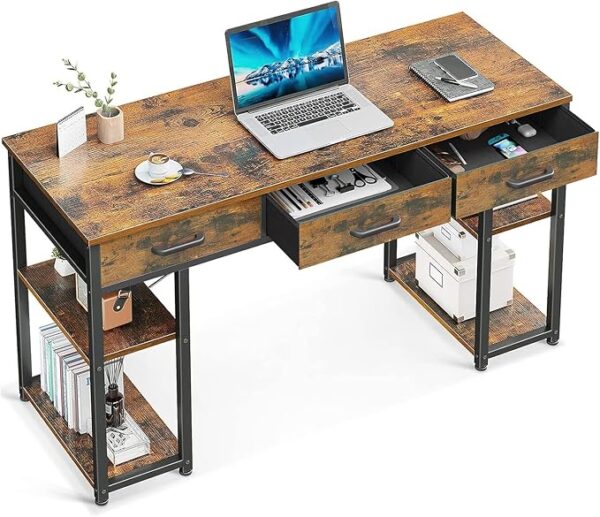 Office Small Computer Desk: Home Table with Fabric Drawers & Storage Shelves, Modern Writing Desk, Vintage, 48"x16"