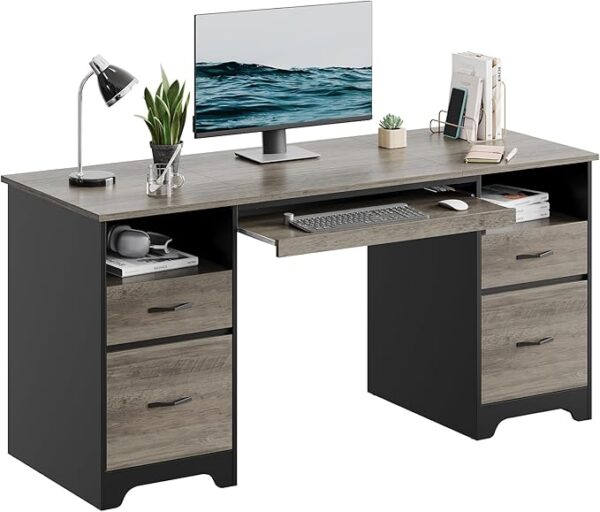 59” Computer Desk with 4 Drawers, Office Desk with Storage, Industrial Executive Desk with File Drawer, Keyboard Tray & 2 Pedestals on Both Sides for Home Office & Studio, Grey