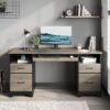 59” Computer Desk with 4 Drawers, Office Desk with Storage, Industrial Executive Desk with File Drawer, Keyboard Tray & 2 Pedestals on Both Sides for Home Office & Studio, Grey - Image 2
