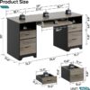 59” Computer Desk with 4 Drawers, Office Desk with Storage, Industrial Executive Desk with File Drawer, Keyboard Tray & 2 Pedestals on Both Sides for Home Office & Studio, Grey - Image 3