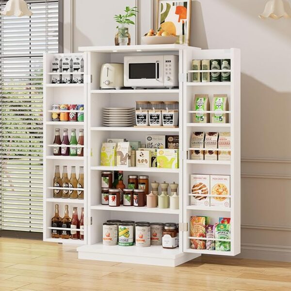 47in Kitchen Pantry Cabinet, Wood Kitchen Storage Pantry Cabinets Freestanding Pantry Cabinet with Doors & Adjustable Shelves, Pantry Cabinet for Kitchen, Living Room, White