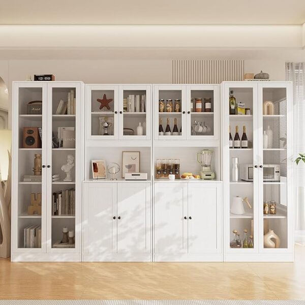 4PCS Bookshelf and Bookcase, 5-Tier Modern Bookshelves with 3 Large Drawer, Glass Display Cabinet with Lager Storage Shelf, Combination Storage Shelves for Home Office, White (AACC)
