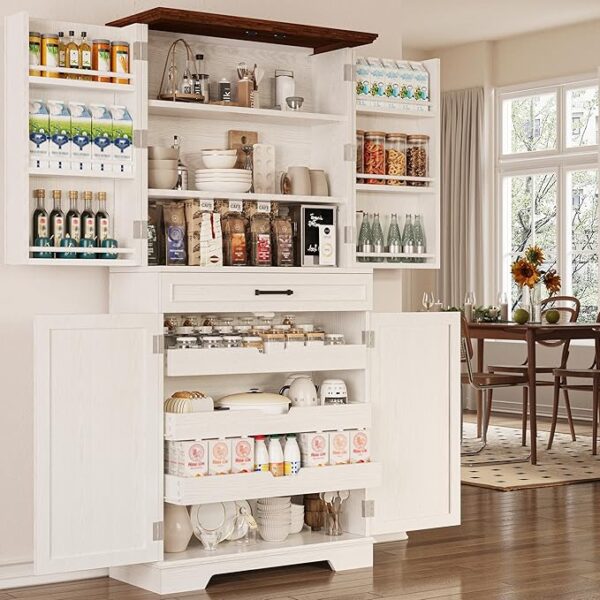 Farmhouse Kitchen Pantry Cabinet, 72" Height Tall Freestanding Cupboard with Sliding Storage Rack and 6 Hanging Shelves for Kitchen, Dining Room, White