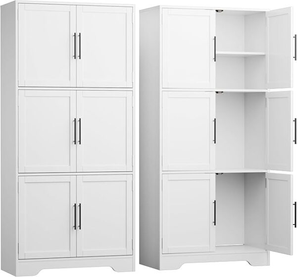 Cozy Castle 68.5" Kitchen Pantry Storage Cabinet Cabinet with 6 Doors and 3 Shelves Tall Food Pantry Cabinet 4-Tier White Cabinet for Kitchen Living Room Dining Room Bathroom