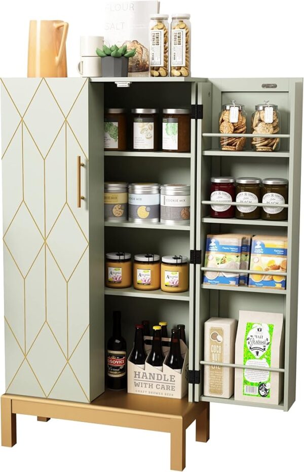 45'' Kitchen Pantry Cabinet,Storage Cabinet with Doors and Adjustable Shelves,Food Pantry Cabinet for Kitchen,Dining Room,Living Room and Garage,Gold Lines and Legs,Green Cabinet.
