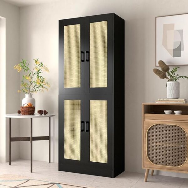 Black Rattan Kitchen Pantry Cabinet, 71" Tall Kitchen Pantry Storage Cabinet with Doors, Boho Kitchen Pantry Hutch with Storage for Kitchen, Dining Room