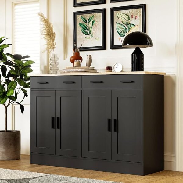 Black Buffet Cabinet, Coffee Bar Cabinet with 2 Drawers & 4 Doors, Kitchen Buffet Sideboard for Living Room, Kitchen