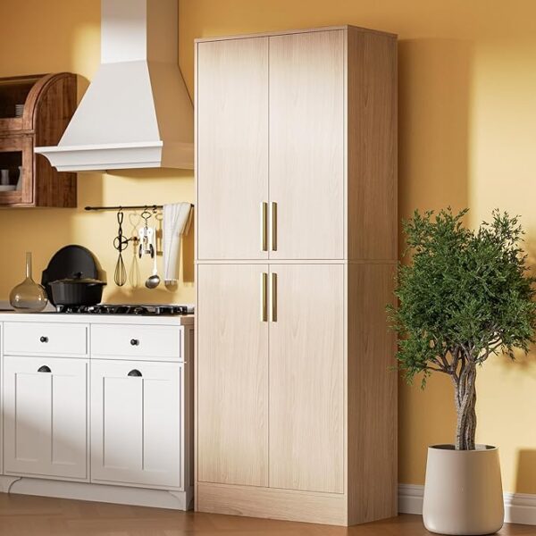 71" Tall Pantry Cabinet, 4 Doors Kitchen Pantry Storage Cabinet, Freestanding Larder Cupboard, Kitchen Hutch Cabinet, Utility Pantry with Gold Handles for Kitchen, Dining Room, Bathroom, Oak