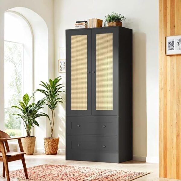 64.2" Tall Rattan Black Kitchen Pantry Cabinet, Kitchen Storage Cabinet with Doors and Drawers, Freestanding Wooden Storage Cabinet for Kitchen, Dining Room