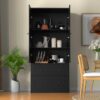 64.2" Tall Rattan Black Kitchen Pantry Cabinet, Kitchen Storage Cabinet with Doors and Drawers, Freestanding Wooden Storage Cabinet for Kitchen, Dining Room - Image 3