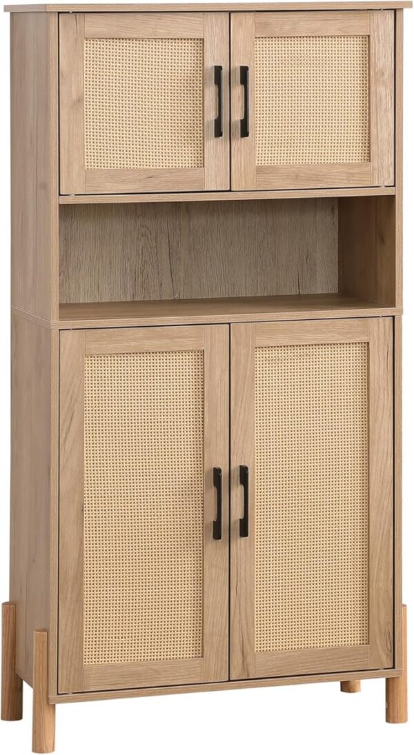 Rattan Bathroom Cabinet, Freestanding Floor Cabinet with Open Shelf& Adjustable Shelf