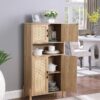 Rattan Bathroom Cabinet, Freestanding Floor Cabinet with Open Shelf& Adjustable Shelf - Image 4