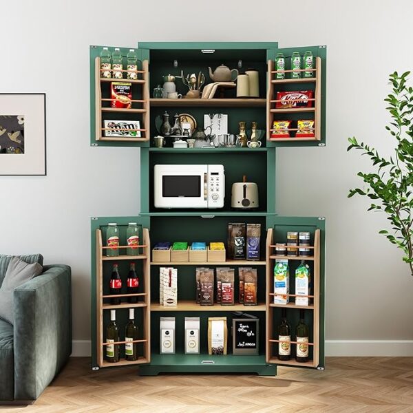 72" Kitchen Pantry Storage Cabinet, Freestanding Larder Cupboard, Kitchen Hutch Cabinet with Microwave Stand,Utility Pantry with Doors and Shelves for Dining Room, Living Room