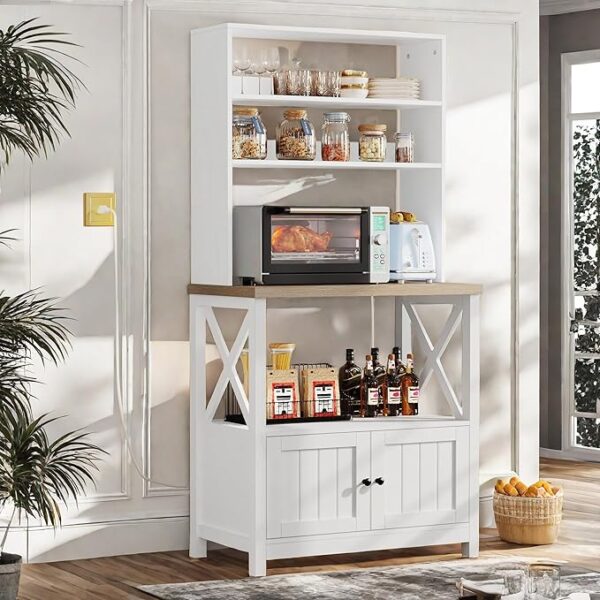 White Bakers Rack with Power Outlet and Storage Door Cabinet, 5-Tiers Kitchen Tall Microwave Stand, Farmhouse Small Pantry Hutch Freestanding Thickened Counter, Coffee Bar with Storage Shelves