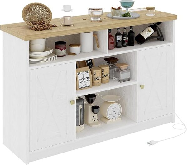 Coffee Bar Cabinet with Power Strip, 47" Storage Cabinet with Barn Doors and Thickened Top Board, White Sideboard, Buffet for Dinning Room, Kitchen, Living Room