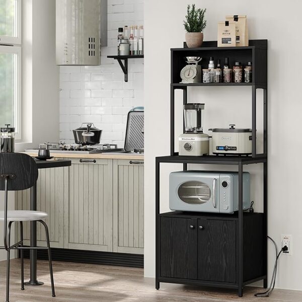 5-Tier Kitchen Bakers Rack with Power Outlet, Industrial Microwave Oven Stand with Storage, Kitchen Storage Shelf with Cabinet, Coffee cart, Standing Kitchen Storage Rack (Black)