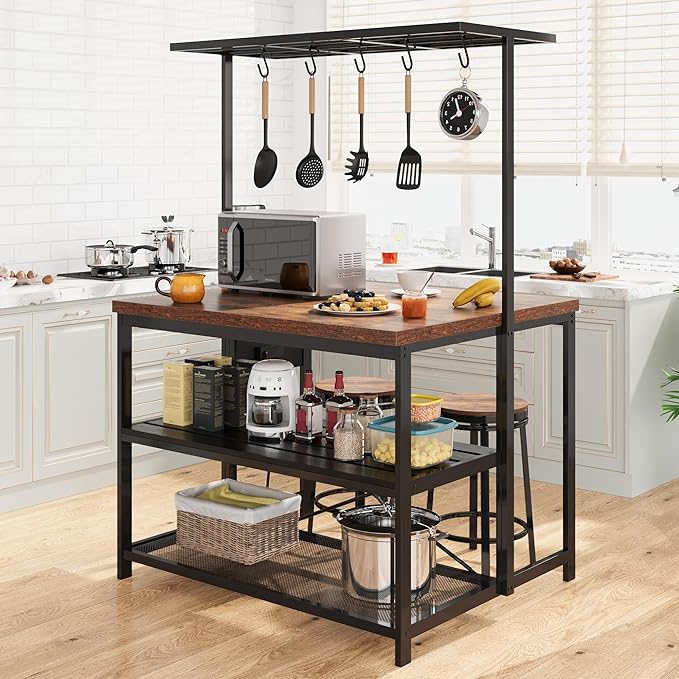 Kitchen Island with Storage, Bakers Rack with Power Outlet, Island Table for Kitchen,3 Tier Microwave Stand Oven Shelf,Large Coffee Bar Table, Storage Shelf for Kitchen Dining Room Living Room,5 Hooks - Image 2