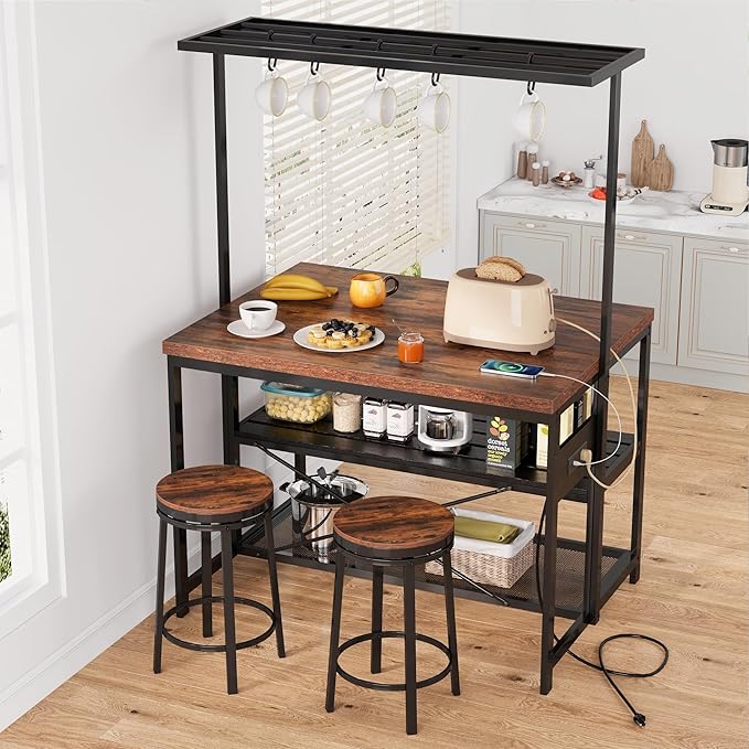 Kitchen Island with Storage, Bakers Rack with Power Outlet, Island Table for Kitchen,3 Tier Microwave Stand Oven Shelf,Large Coffee Bar Table, Storage Shelf for Kitchen Dining Room Living Room,5 Hooks - Image 4