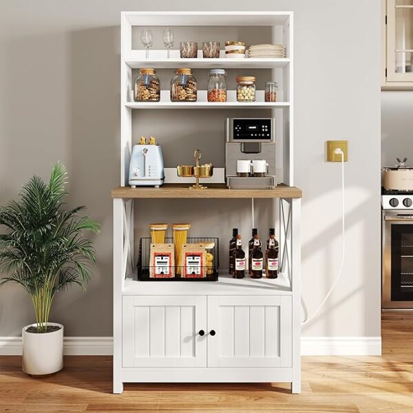 White Microwave Stand Bakers Rack Cabinet Farmhouse Freestanding Small Kitchen Pantry Hutch Tall w Door Power Outlet Thickened Counter, Coffee Bar Storage Shelves, White