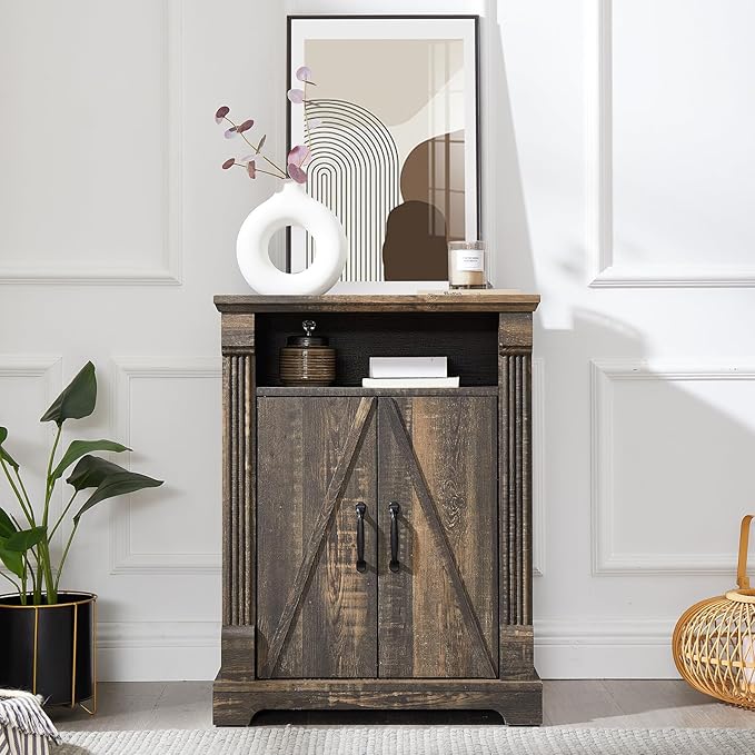 Farmhouse Bathroom Floor Cabinet, Freestanding Storage Cabinet with Double Doors and Adjustable Shelves, Wooden Small Cabinet for Living Room, Bathroom, Dark Rustic Oak - Image 3