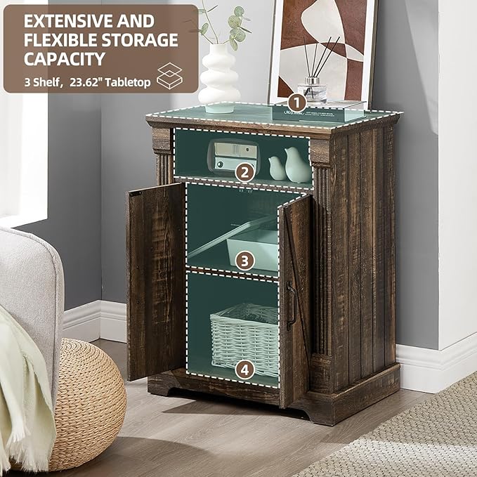 Farmhouse Bathroom Floor Cabinet, Freestanding Storage Cabinet with Double Doors and Adjustable Shelves, Wooden Small Cabinet for Living Room, Bathroom, Dark Rustic Oak - Image 4