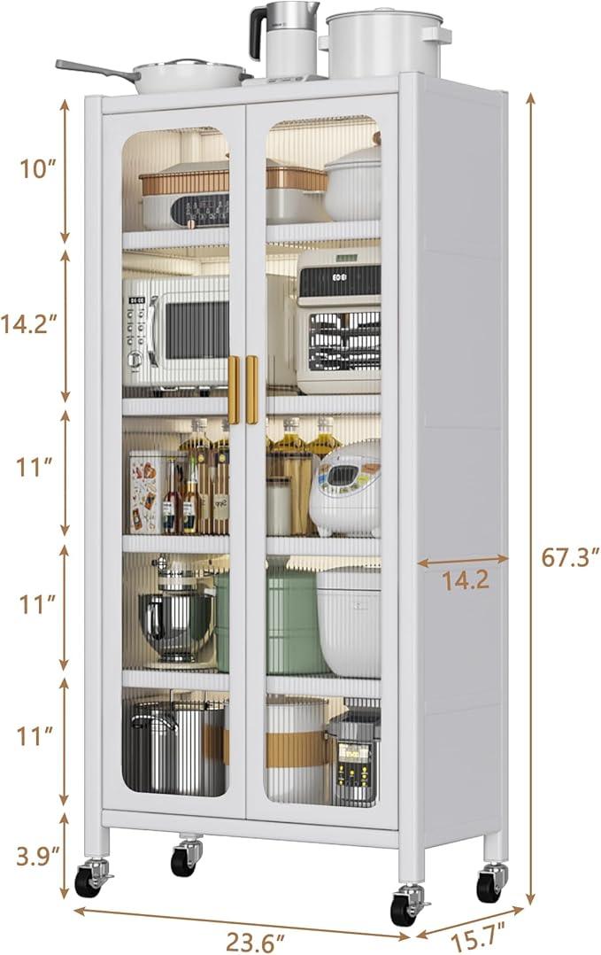 Montary Metal Kitchen Storage Cabinet, Kitchen Bakers Rack with Transparent Doors and 4 Rolling Wheels, 6 Tiers Freestanding Floor Pantry Storage Cabinet for Kitchen, Living Room, Dining Room, White - Image 2