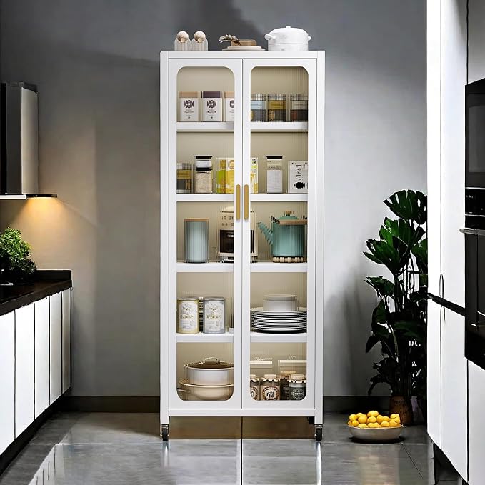 Montary Metal Kitchen Storage Cabinet, Kitchen Bakers Rack with Transparent Doors and 4 Rolling Wheels, 6 Tiers Freestanding Floor Pantry Storage Cabinet for Kitchen, Living Room, Dining Room, White - Image 3