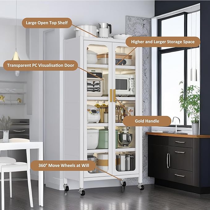 Montary Metal Kitchen Storage Cabinet, Kitchen Bakers Rack with Transparent Doors and 4 Rolling Wheels, 6 Tiers Freestanding Floor Pantry Storage Cabinet for Kitchen, Living Room, Dining Room, White - Image 4