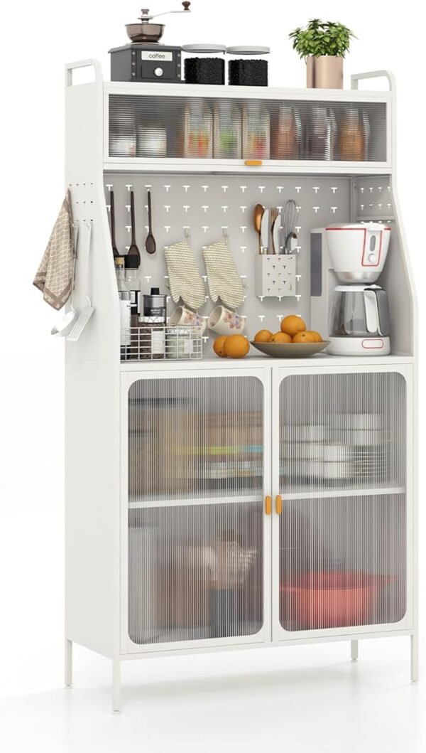 Pantry Organizers and Storage, 63.5" H Kitchen Buffet Cabinet with Hutch, Pegboard, 8 Hooks & 1 Hanging Storage Box, Standing Bakers Rack with Flip-up PC Doors, Tool-Free Assembly (White)