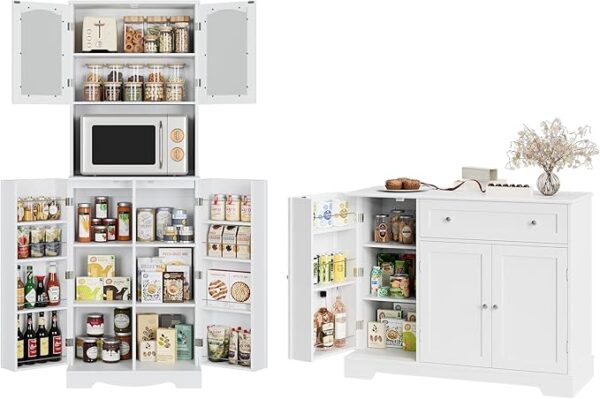 Pantry Cabinet Sets 2 Pieces, Tall Hutch Cabinet with Microwave Stand, Modern Kitchen Set Include Buffet Cabinet and Pantry Cabinet for Dining Room, White