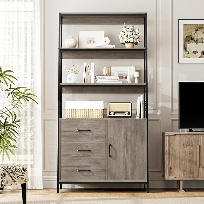 Tall Bookshelf, Industrial Console Table with Drawers and Ladder Shelves, Free Standing Storage Cabinet Kitchen Bakers Rack with Microwave Oven Stand for Home Office (Ash Grey) - Image 2