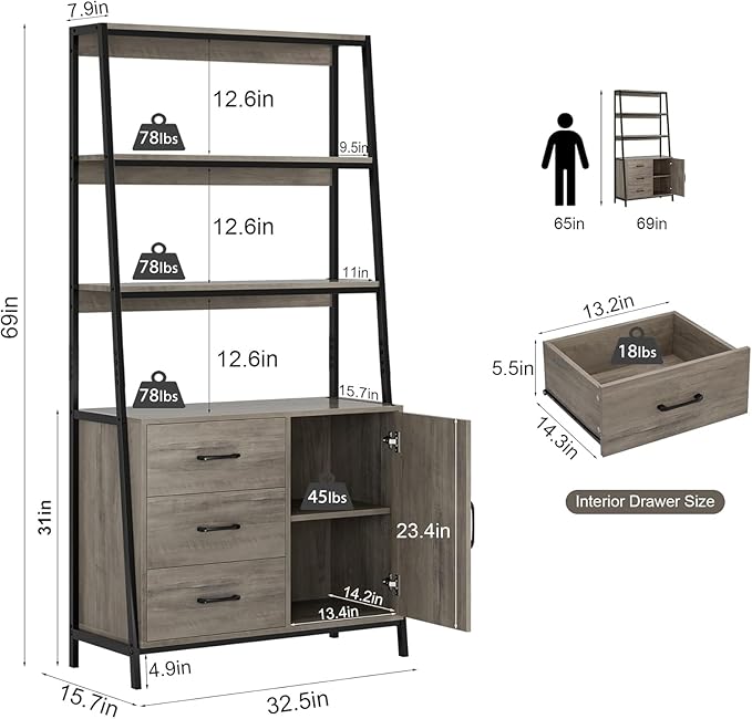 Tall Bookshelf, Industrial Console Table with Drawers and Ladder Shelves, Free Standing Storage Cabinet Kitchen Bakers Rack with Microwave Oven Stand for Home Office (Ash Grey) - Image 3