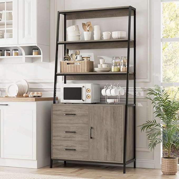Tall Bookshelf, Industrial Console Table with Drawers and Ladder Shelves, Free Standing Storage Cabinet Kitchen Bakers Rack with Microwave Oven Stand for Home Office (Ash Grey) - Image 4