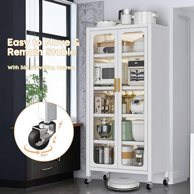 6 Tier 63" Kitchen Appliance Storage,Appliance Cabinet,Bakers Rack with Doors with Transparent Flap Door Design Kitchen Storage Shelves,Microwave Stand for Dining Room White - Image 3