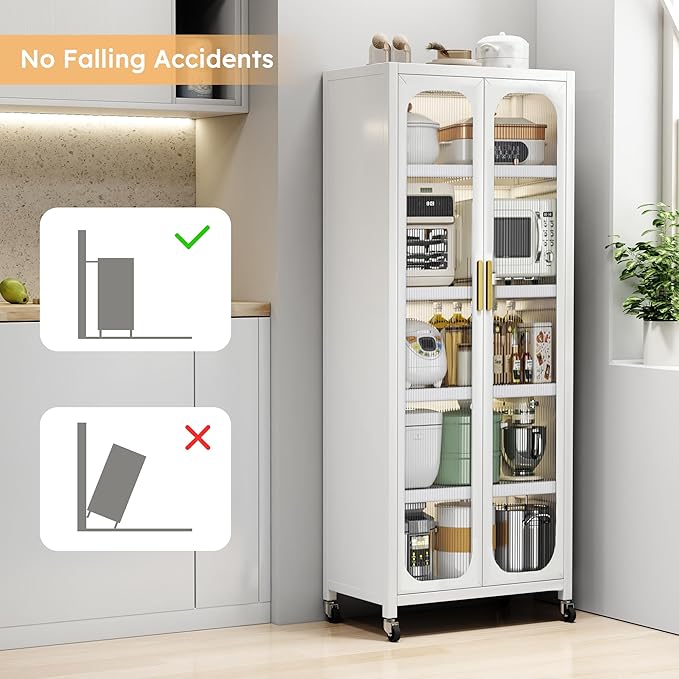 6 Tier 63" Kitchen Appliance Storage,Appliance Cabinet,Bakers Rack with Doors with Transparent Flap Door Design Kitchen Storage Shelves,Microwave Stand for Dining Room White - Image 4