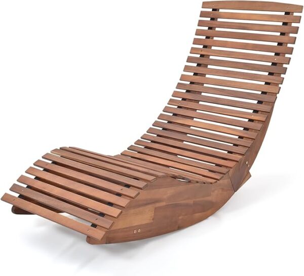 Outdoor Acacia Wood Rocking Chair, Porch Rocker with Widened Slatted Seat and High Back, Wooden Rocking Patio Chair