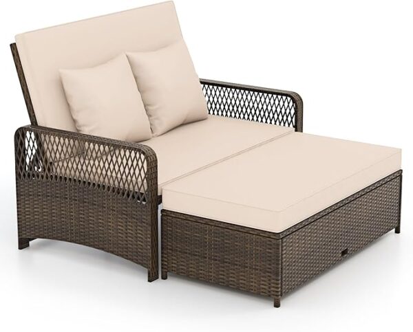 Patio Adjustable Wicker Daybed, Rattan Loveseat & Storage Ottoman w/ 4-Level Backrest & Soft Cushions
