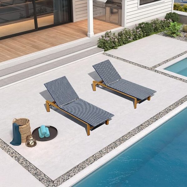 Extra Wide Patio Chaise Lounge Set of 2 Outdoor Lounger French PE Rattan Lounge Chair with Reclining Adjustable Backrest