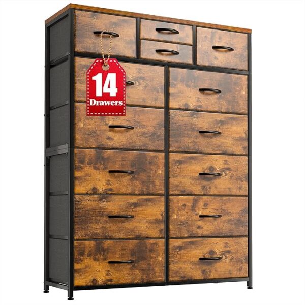 Dresser for Bedroom with 14 Drawers Tall Dressers for Bedroom Dressers & Chests of Drawers,Wooden Top,Sturdy Metal Frame, Rustic Brown, 11.8" D x 37" W x 52" H