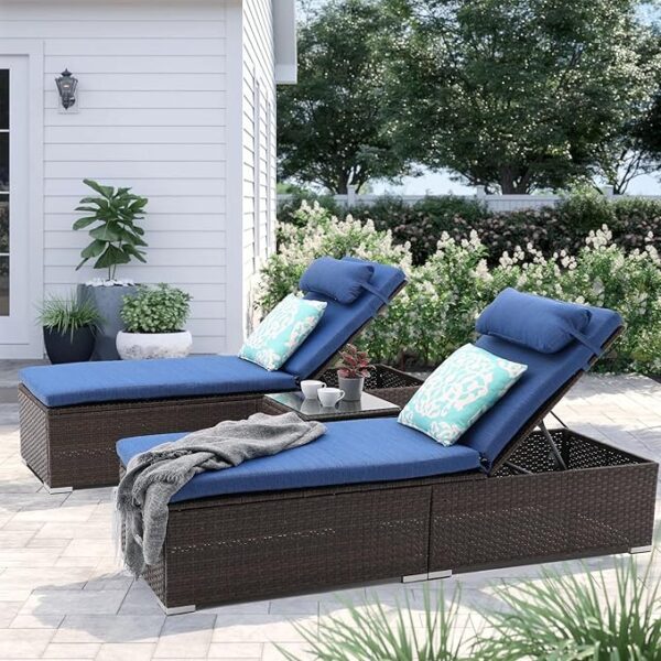 3 Pcs Patio Chaise Lounge with Coffee Table Cushion&Pillow Outdoor Lounge Chair Chaise Lounger