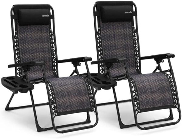 Rattan Zero Gravity Chairs Set of 2 - Adjustable Outdoor Lounge Chairs with Side Tray, Cup Holders, Removable Pillows,