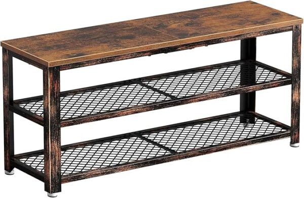 Shoe Bench, 3-Tier Shoe Rack, 39.4” Storage Entry Bench with Mesh Shelves Wood Seat, Rustic Foyer Bench for Hallway Front Door,