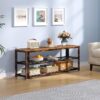 Shoe Bench, 3-Tier Shoe Rack, 39.4” Storage Entry Bench with Mesh Shelves Wood Seat, Rustic Foyer Bench for Hallway Front Door, - Image 4